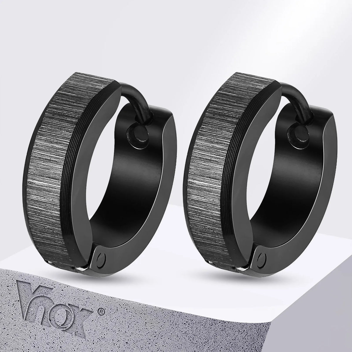 Black brushed steel huggie hoop earrings