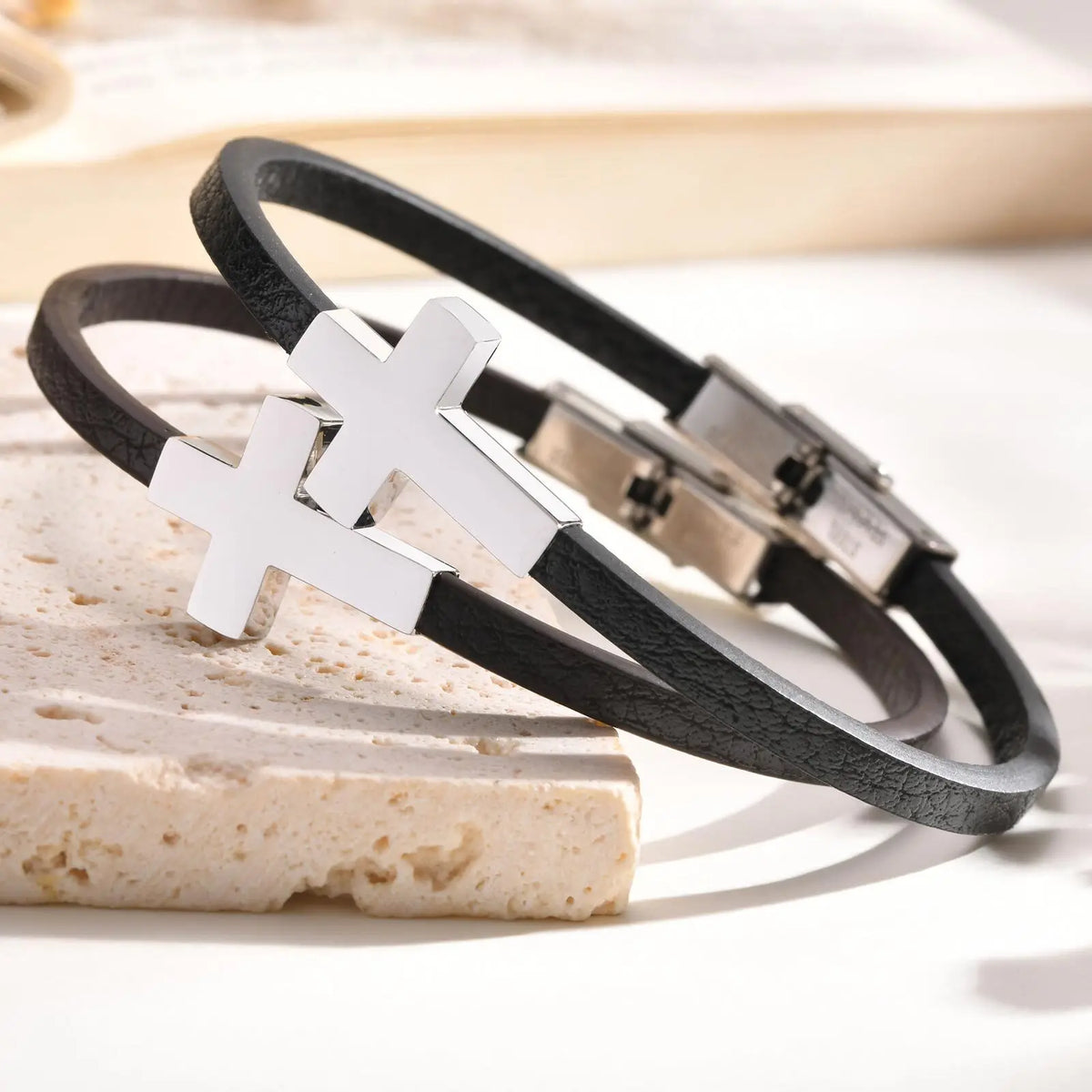 Cross Charm Leather Wristband