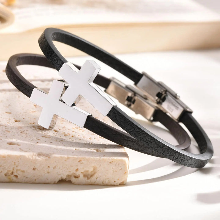 Cross Charm Leather Wristband