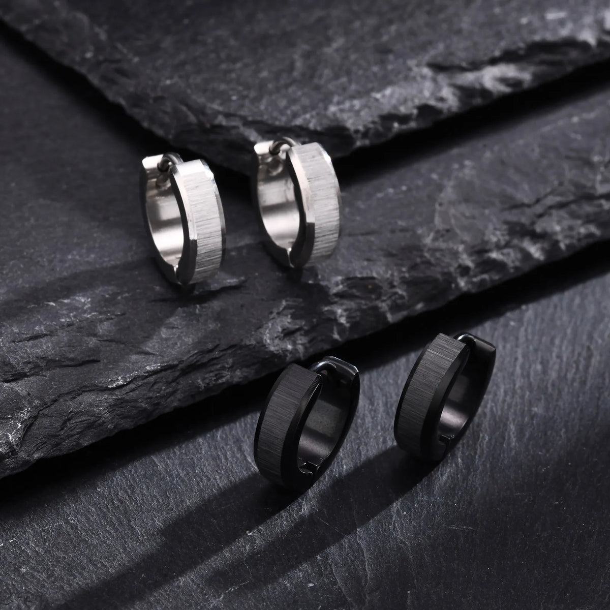 Brushed Steel Huggie Hoop Earrings