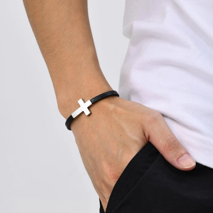 Cross Charm Leather Wristband
