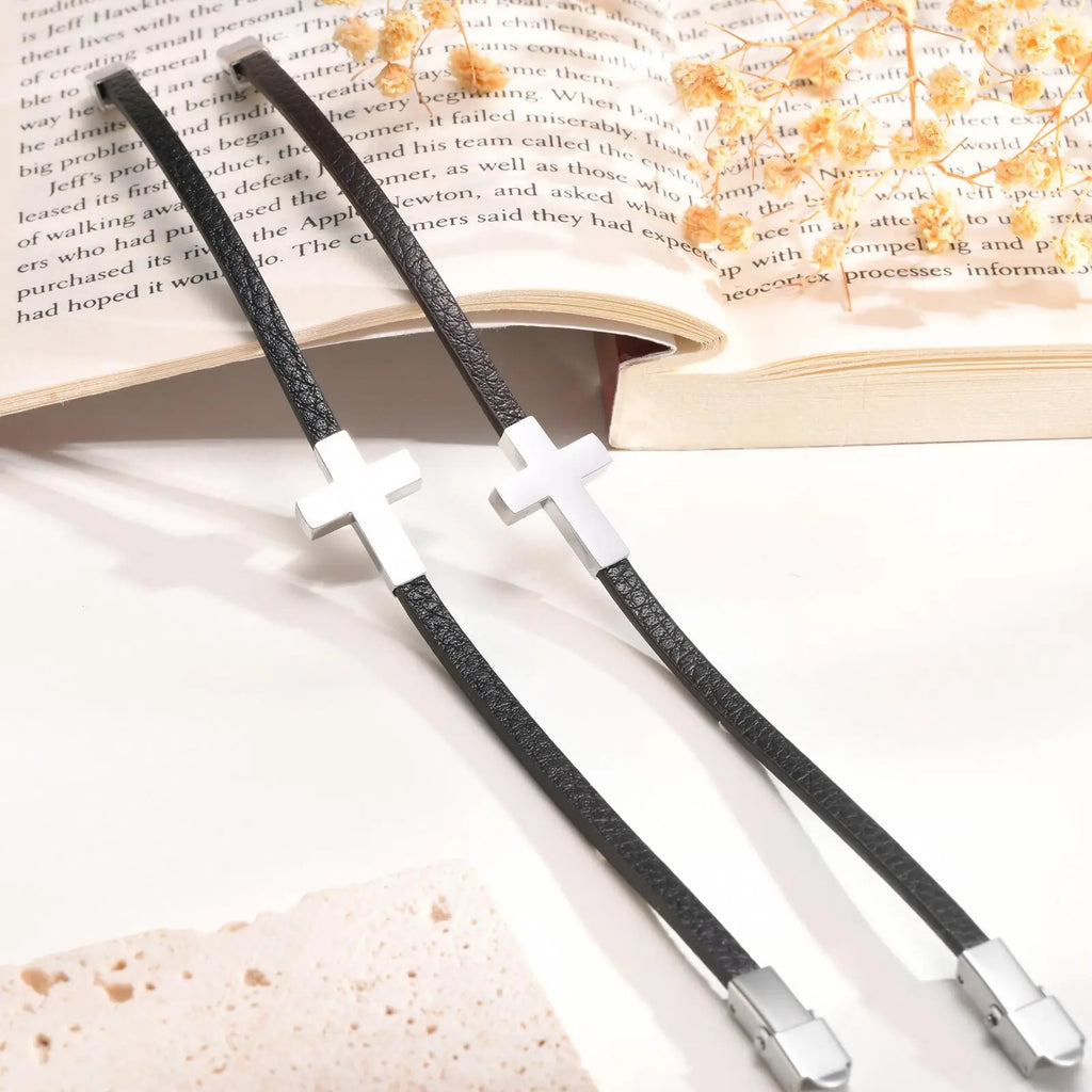Cross Charm Leather Wristband