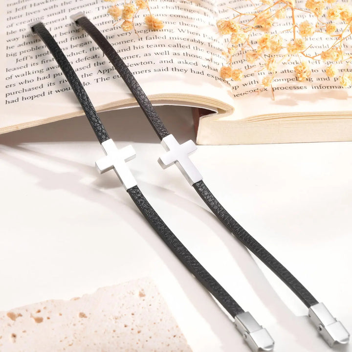 Cross Charm Leather Wristband